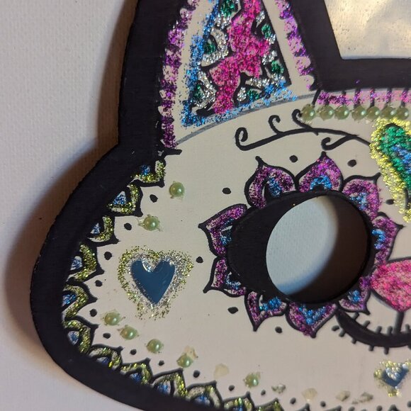 OOAK Sugar Skull Cat Halloween Wood Mask Muertos Artist Masquerade Costume DDLM - Picture 9 of 13